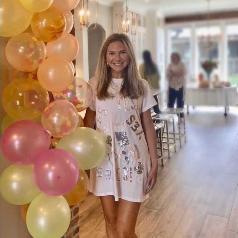 Queen of Sparkles White Sequin “YES” Dress